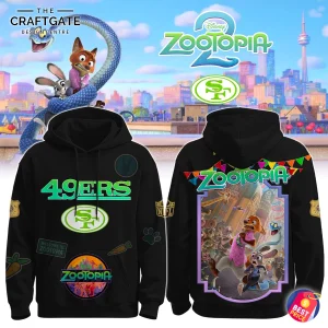 A black hoodie showing the front and back designs for the San Francisco 49ers and Zootopia 2 collaboration.