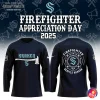 Front and back view of the 2025 Seattle Kraken Firefighter Appreciation Day hockey jersey on a themed background.