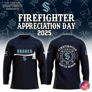 Front and back view of the 2025 Seattle Kraken Firefighter Appreciation Day hockey jersey on a themed background.