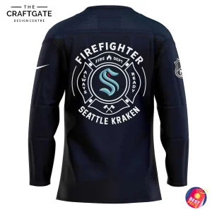 Back view of the Seattle Kraken Firefighter jersey, showcasing a large firefighter-style crest with the team logo and name.