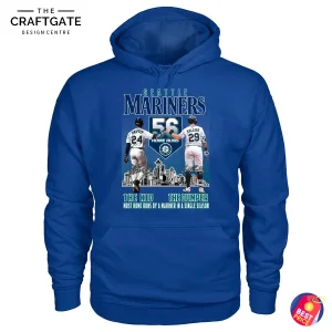 A royal blue Seattle Mariners hoodie with a graphic honoring the 56 home run record, featuring Ken Griffey Jr. and Cal Raleigh.