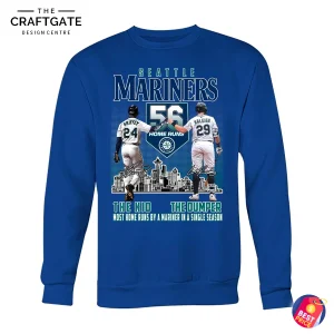 A royal blue sweatshirt with a graphic of Seattle Mariners' Griffey and Raleigh, commemorating the 56 home run season record.