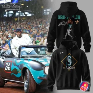 Two black hoodies featuring Seattle Mariners ALCS 2025 designs, one with Ken Griffey Jr. and the other with the Mariners S logo.