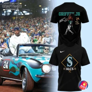 Two black t-shirts featuring Seattle Mariners ALCS 2025 designs, one with a Ken Griffey Jr. caricature and the other with a team logo.