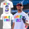 A collage of the Seattle Mariners Love Wins shirt, with a player wearing it and mockups showing the front and back designs.