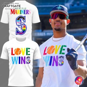 A collage of the Seattle Mariners Love Wins shirt, with a player wearing it and mockups showing the front and back designs.