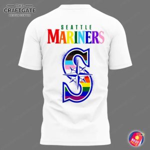 The back of the Seattle Mariners Love Wins shirt with the team name in rainbow colors and a large S logo with pride colors.