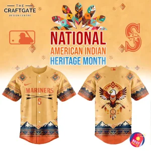A promotional image showing the front and back of the Seattle Mariners Native American Heritage 2025 baseball jersey.