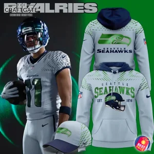 Seattle Seahawks 2025 NFL Rivalries hoodie, cap, and player uniform, showcasing the High-Decibel Zone limited edition design.