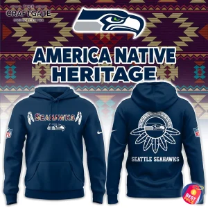 Promotional banner showing navy Seahawks limited edition hoodie front and back with feather-inspired graphics, team logo, "Seattle Seahawks" text and patterned Native heritage background
