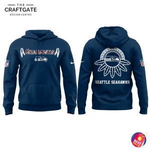 Navy hoodie on white background showing front with "Seahawks" text, feather accents and team logo, and back with circular feather emblem, "Seattle Seahawks" text and visible NFL and Nike sleeve patches