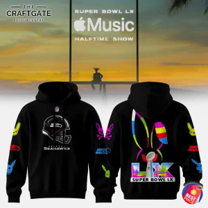 A front and back view of a black hoodie featuring the Seattle Seahawks helmet logo on the front and a colorful Bad Bunny logo on the back.