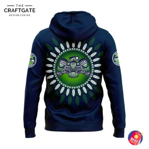 Back of the Seattle Seahawks Indigenous Peoples Day hoodie displaying a large circular tribal bird emblem with a feather border.