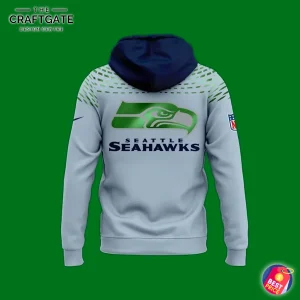 Back of the Seattle Seahawks High-Decibel Zone hoodie, showing the large metallic green team logo and wordmark on a light grey base.