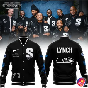 Front and back view of the black Seattle Seahawks Top 50 Players jacket with LYNCH on the back, shown with players wearing it.