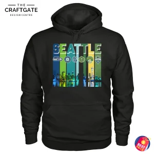 A black pullover hoodie for Seattle sports fans, showing logos for the Mariners and other teams against a colorful city skyline.