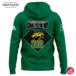 Back of the green South Florida Bulls hoodie with a "2025 Come to The Bay" graphic and the Robo Bull logo.