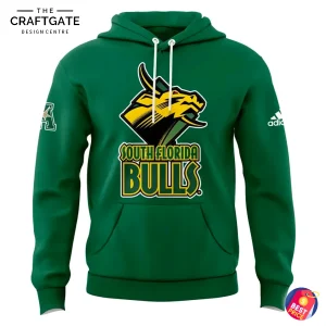 Front of the green South Florida Bulls hoodie featuring the Robo Bull logo and team name on the chest.