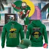 A collage of the South Florida Bulls Robo Bull hoodie (front and back), a matching cap, and a football player.