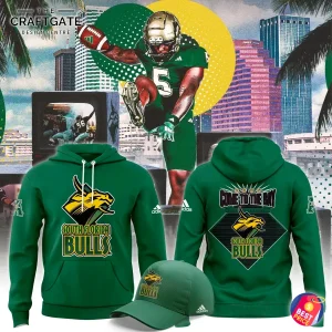 A collage of the South Florida Bulls Robo Bull hoodie (front and back), a matching cap, and a football player.