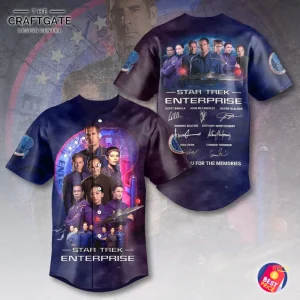 A front and back view of the Star Trek Enterprise baseball jersey, featuring the cast, the NX-01 ship, and printed actor signatures.