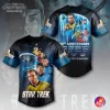 Front and back view of the Star Trek The Original Series 60th Anniversary baseball jersey, featuring the cast and USS Enterprise.