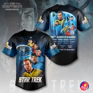 Front and back view of the Star Trek The Original Series 60th Anniversary baseball jersey, featuring the cast and USS Enterprise.
