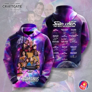 Front and back of a Star Trek The Next Generation hoodie with a vibrant cast collage and a list of actors' replicated autographs.