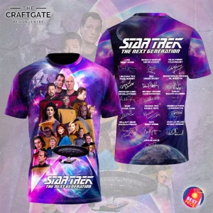 Front and back of a Star Trek The Next Generation T-shirt. The front has a cast collage, the back has replicated signatures.