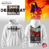 Mockup of the white Tame Impala Deadbeat Tour 2025 hoodie, showing the front text design and the psychedelic graphic on the back.
