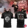 A promo image showing the front and back of the Buccaneers and My Chemical Romance collaboration shirt with the band in the background.