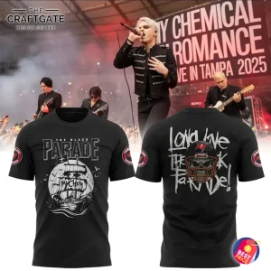 A promo image showing the front and back of the Buccaneers and My Chemical Romance collaboration shirt with the band in the background.