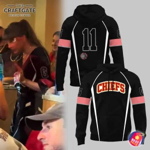 Taylor Swift wearing a custom jacket next to a mockup of the black Kansas City Chiefs pullover hoodie with pink armbands.