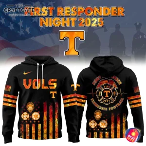 Front and back view of black Tennessee Vols First Responder Night 2025 hoodie featuring a large "T" logo, firefighter department emblem on back, American flag stripe artwork and orange/gold distressed detailing