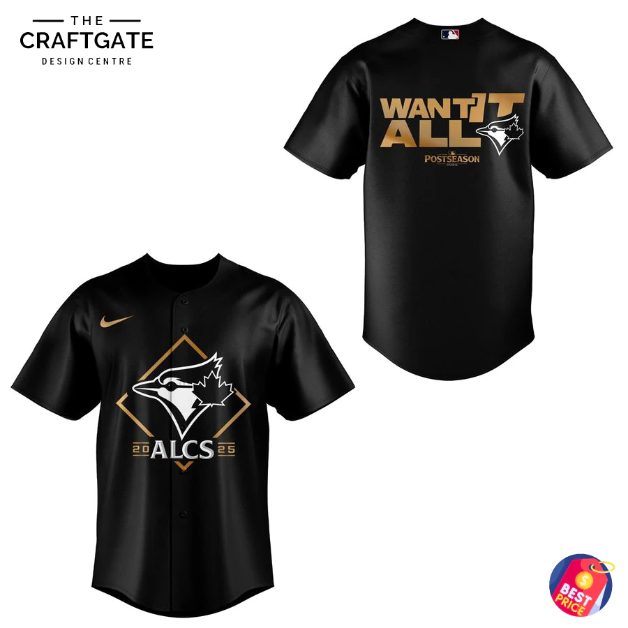 Toronto Blue Jays ALCS Black Jersey Front and Back Isolated Isolated product image of black Toronto Blue Jays ALCS jersey on white background, front view shows diamond Blue Jays logo, "ALCS" text and gold Nike swoosh, back view shows large gold "WANT IT ALL" Postseason graphic with team logo.