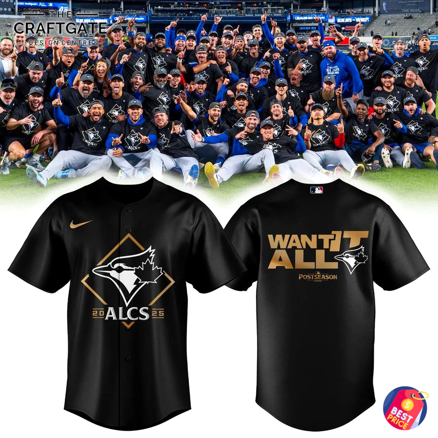 Toronto Blue Jays ALCS Black Jersey Front and Back with Team Background Black Toronto Blue Jays American League Division jersey shown front and back over a stadium team photo background; front features a gold diamond Blue Jays logo with "ALCS" and year details and a gold Nike swoosh, back displays bold gold "WANT IT ALL" Postseason text with Blue Jays logo.