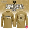 Front and back view of the Vegas Golden Knights Firefighter Appreciation Day hockey jersey against a themed background.