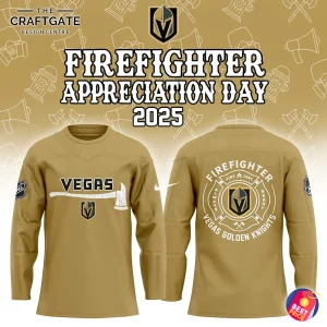 Front and back view of the Vegas Golden Knights Firefighter Appreciation Day hockey jersey against a themed background.