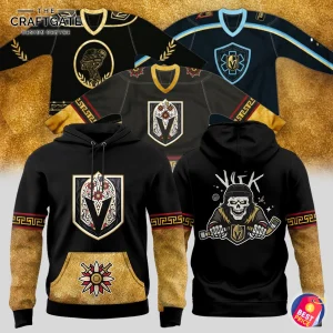 A Vegas Golden Knights inspired 2025 hoodie shown from the front and back, with three matching hockey jersey designs displayed above.