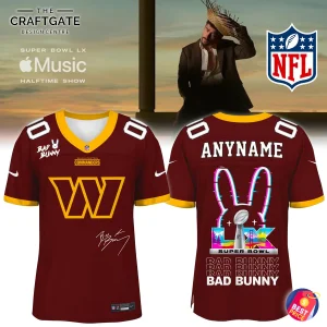 Front and back of a custom Washington Commanders x Bad Bunny Super Bowl jersey, featuring a glitch bunny graphic on the back.
