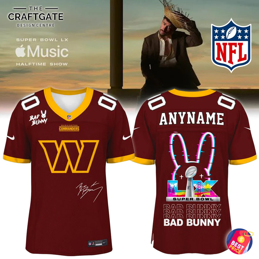 Washington Commanders x Bad Bunny Super Bowl Football Jersey - Front and Back Views Front and back of a custom Washington Commanders x Bad Bunny Super Bowl jersey, featuring a glitch bunny graphic on the back.