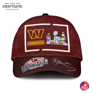 A close-up front view of the burgundy Washington Commanders cap featuring the W logo and Only Here For Benito's Halftime text.