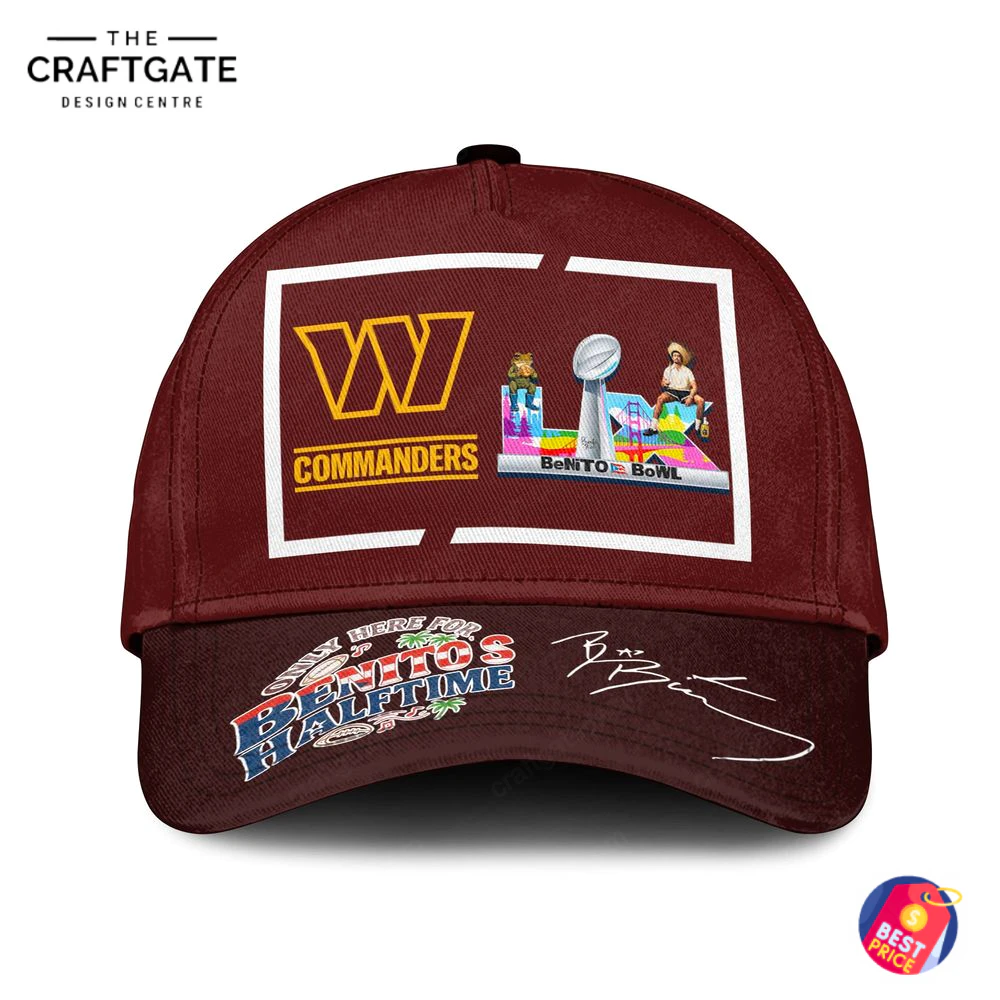 Front View of the Washington Commanders Benito's Halftime Cap A close-up front view of the burgundy Washington Commanders cap featuring the W logo and Only Here For Benito's Halftime text.