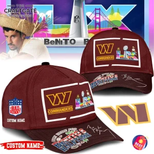 A promotional image showing multiple views of the Washington Commanders Only Here For Benito's Halftime cap with custom name option.
