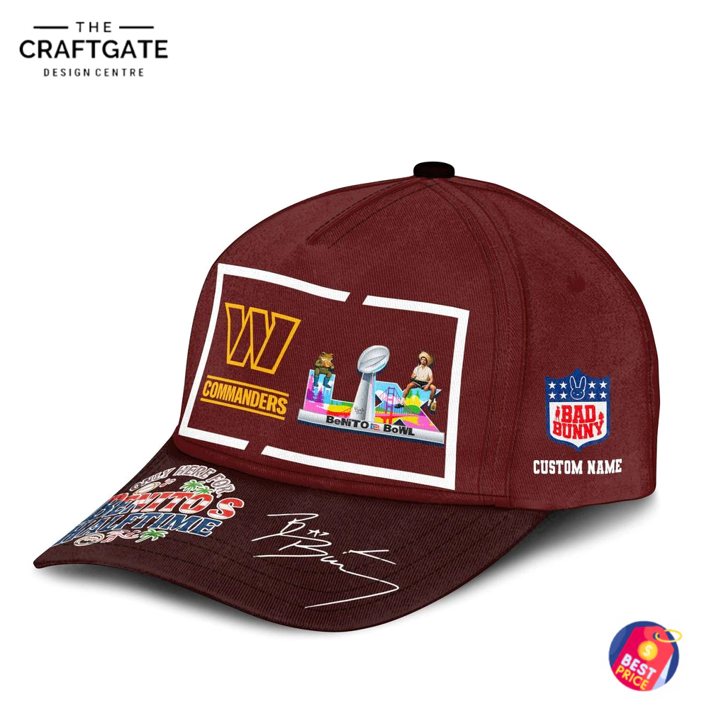 Right Side View of the Washington Commanders Benito's Halftime Cap A right-side angled view of the burgundy Washington Commanders cap, showing the front design and the customizable Bad Bunny side logo.