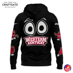 Back view of black hoodie with oversized white cartoon eyes above a red "Western Kentucky" wordmark and mascot prints along the sleeves