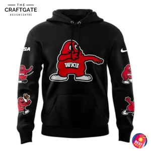 Front view of black hoodie featuring a large red Big Red mascot centered on the chest, small mascot prints down both sleeves, Nike swoosh on the right sleeve and a kangaroo pocket