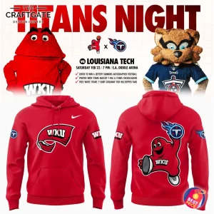 Promotional image for WKU Titans Night featuring the limited edition red hoodie with Big Red and Titans logos on the front and back.